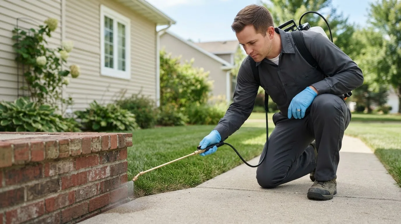 Pest control technician treating a home near Farmersville Station, NY