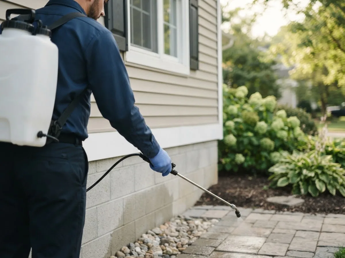 Pest control technician inspecting a home in Farmersville Station, NY